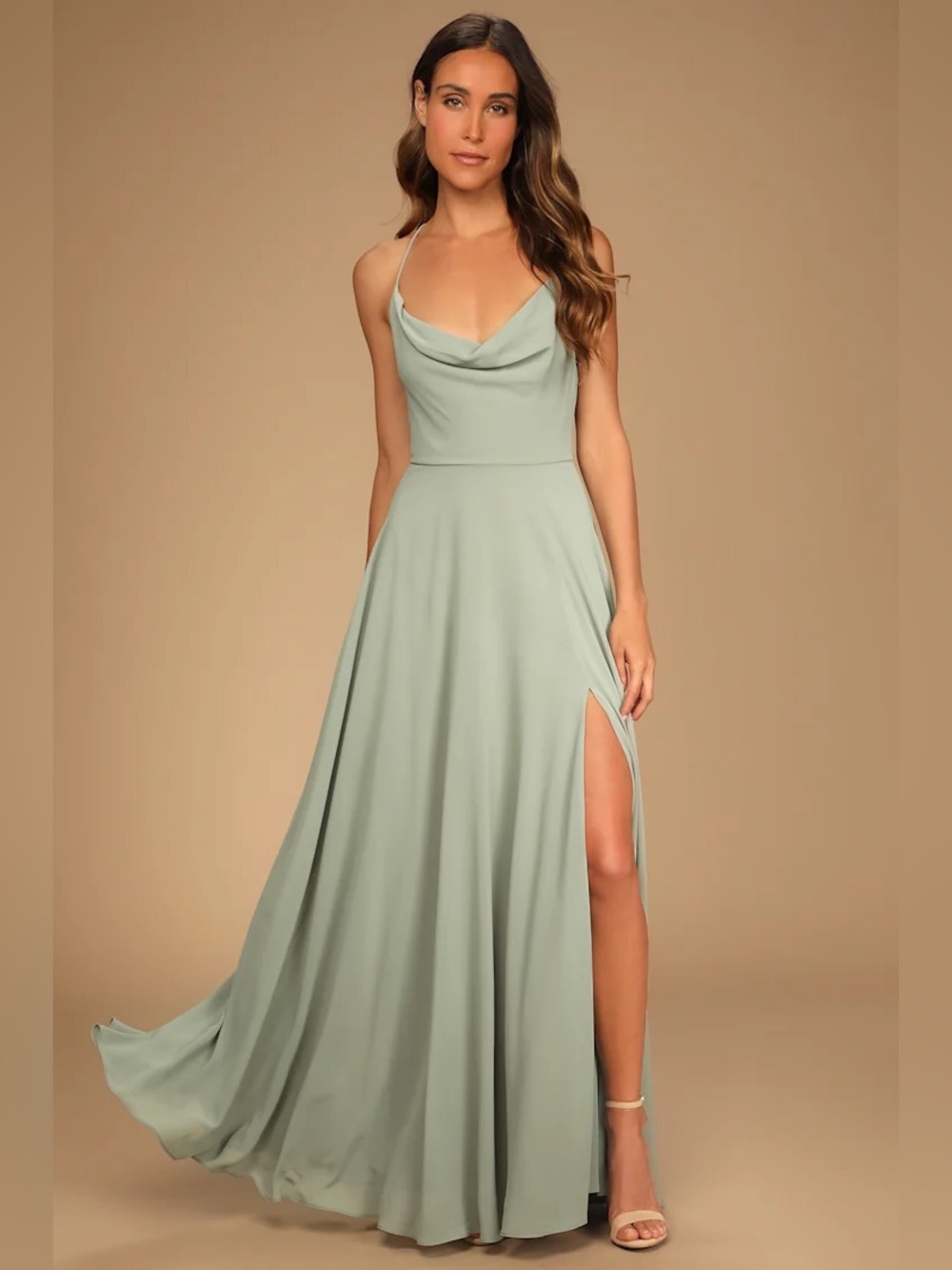Lulus Romantically Speaking Sage Green Cowl Lace-Up Maxi Dress | Medium